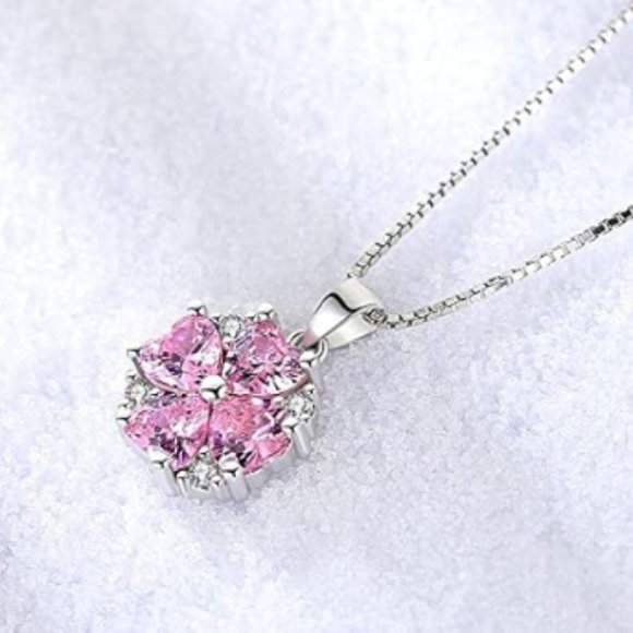 Pink Cubic Zirconia Hearts Pendant Necklace 925 Sterling Silver Fashion Jewelry - Picture 9 of 14